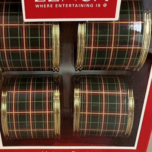 Set of 4 Lenox Nouveau Tartan Plaid Napkin Rings Gold Rim New - Picture 2 of 6